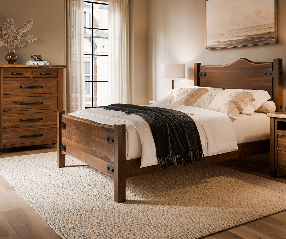 Solid wood bed and dresser set in a cozy bedroom with warm, lasting style.