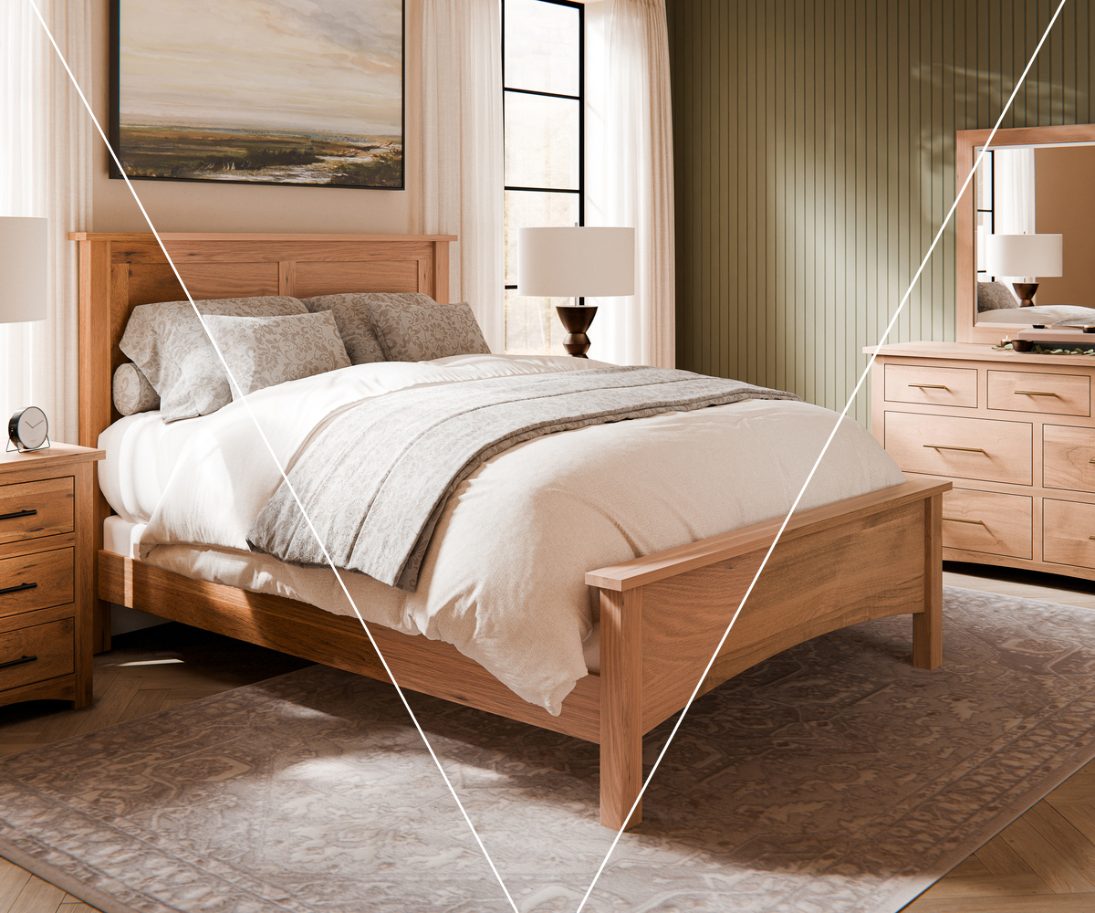 Custom Amish bedroom set with solid wood bed, nightstand, and dresser in bright room.