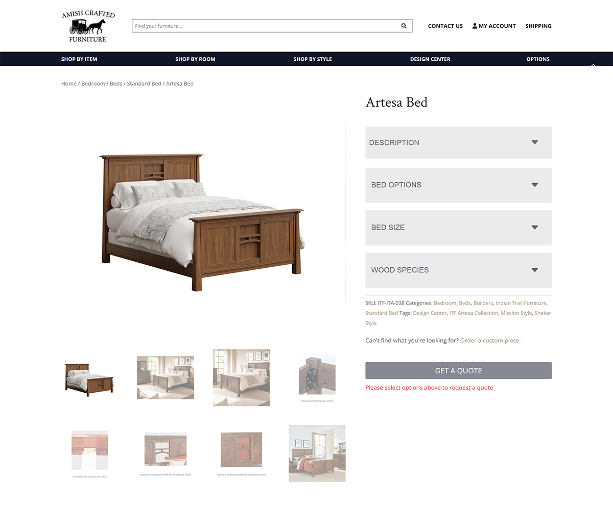 Screenshot of Artesa Bed product page with option menus and Get a Quote