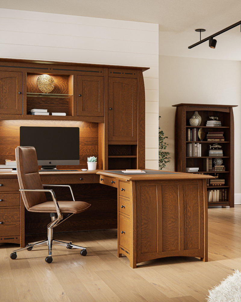 Amish solid wood home office furniture with desk hutch, chair, and bookcase