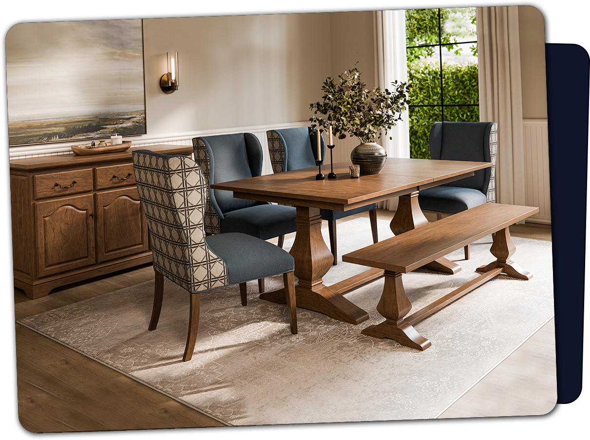 Solid wood dining room furniture with trestle table, bench, upholstered chairs, and buffet