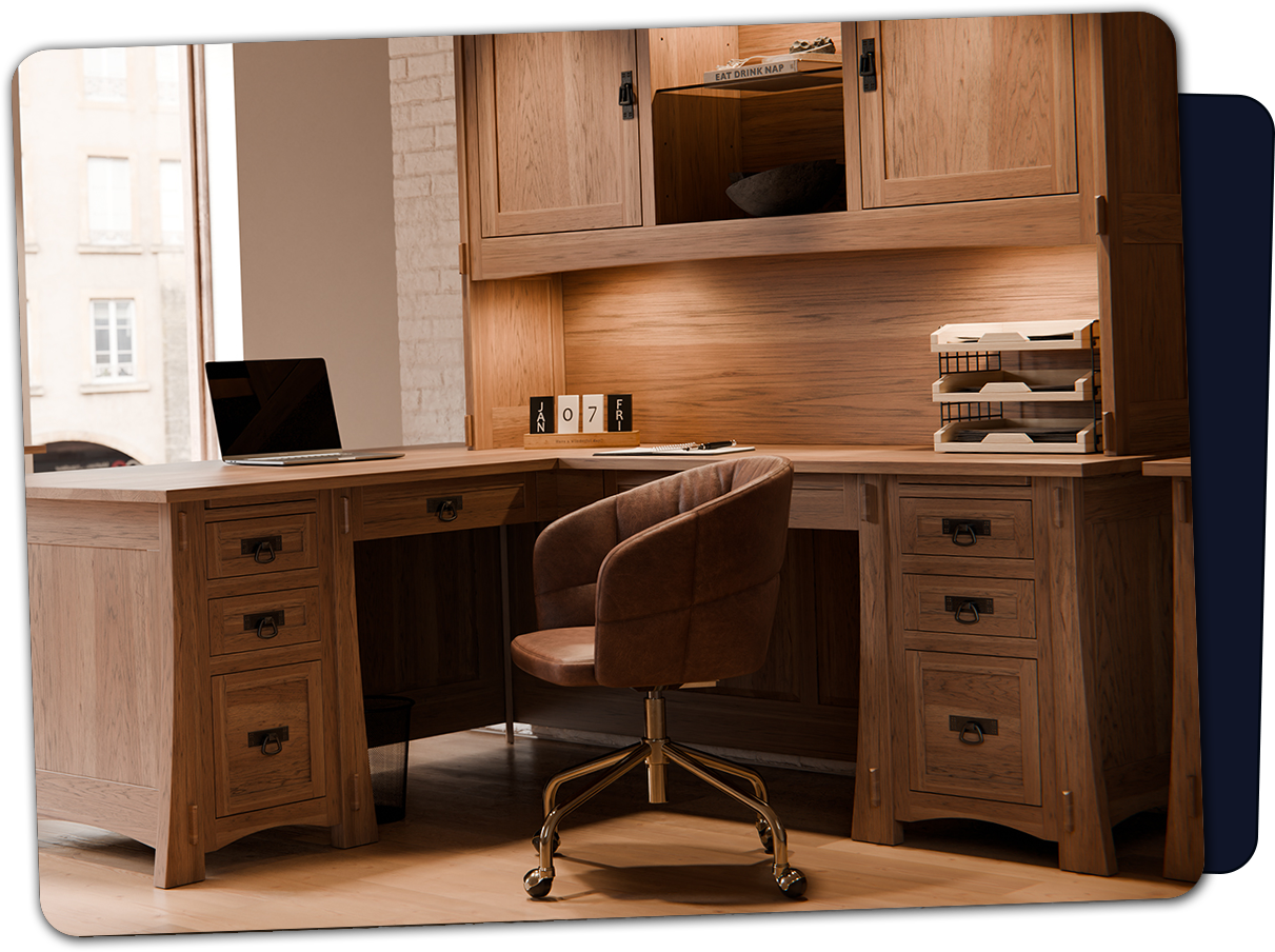 Solid wood home office desk with hutch, file drawers, and leather swivel chair