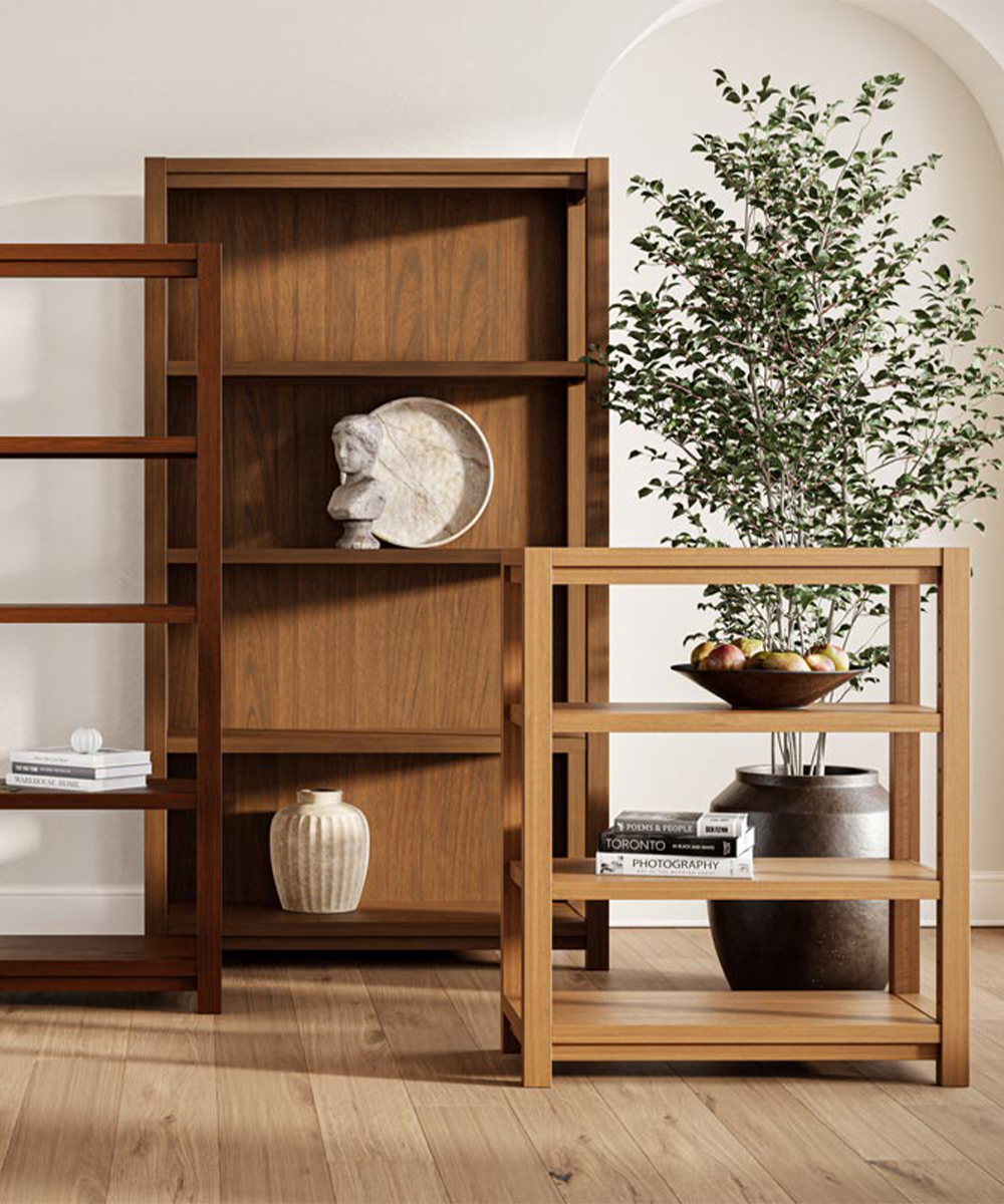 Solid wood bookcase furniture with open shelves and decorative display storage
