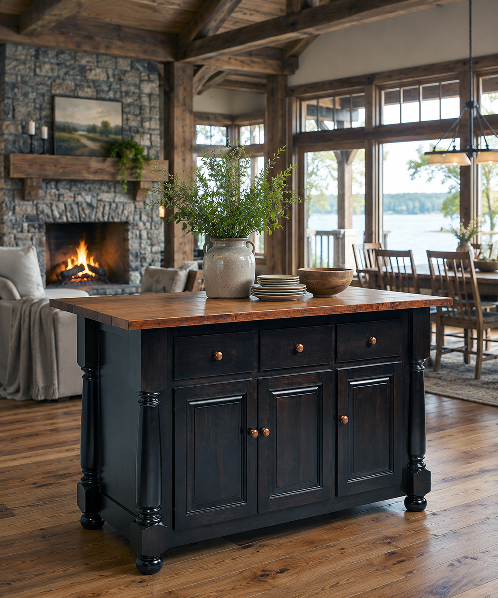 Amish solid wood kitchen island furniture with black base and wood top in rustic home