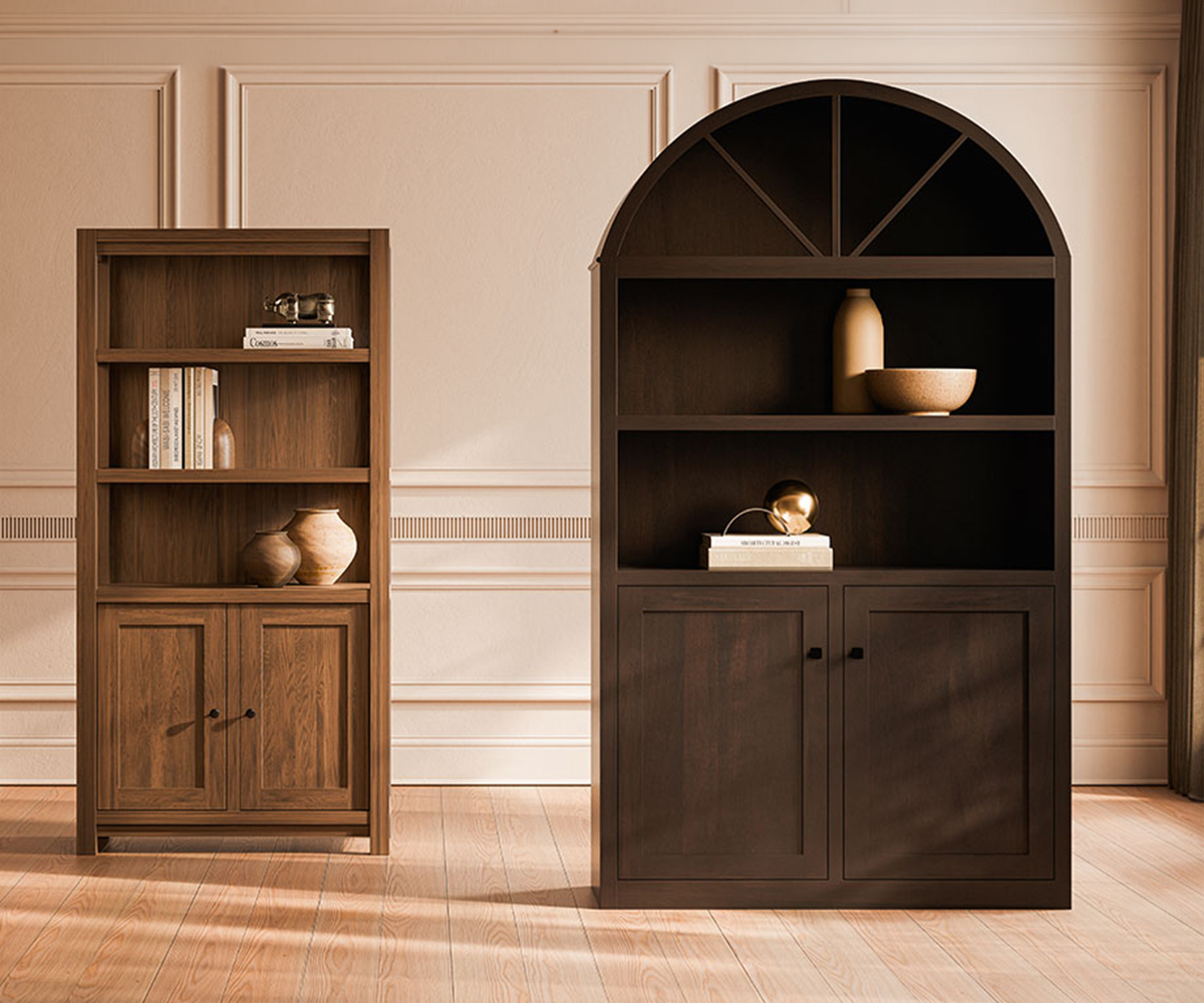 Solid wood bookcase cabinets with open shelves and lower storage doors