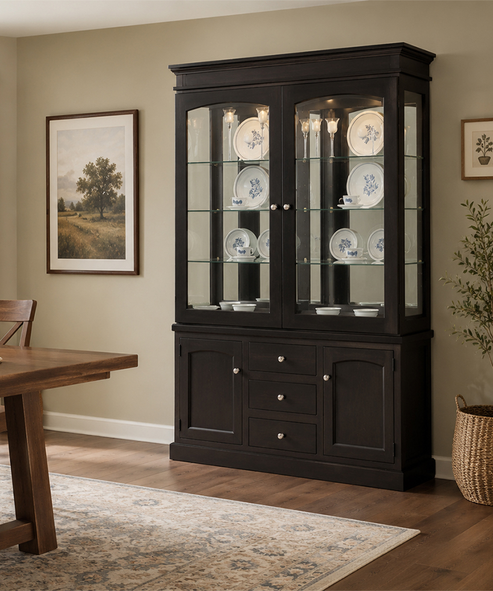 Black solid wood dining room hutch with glass doors displaying china plates