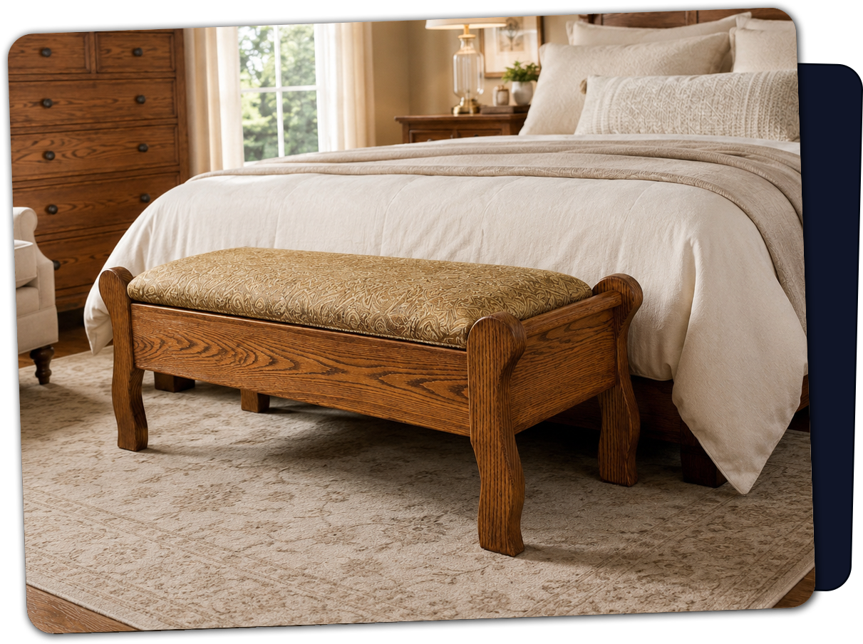 Solid wood dining room furniture with trestle table, bench, upholstered chairs, and buffet