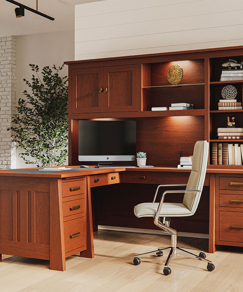 Cherry solid wood home office furniture with L desk, hutch, and swivel chair