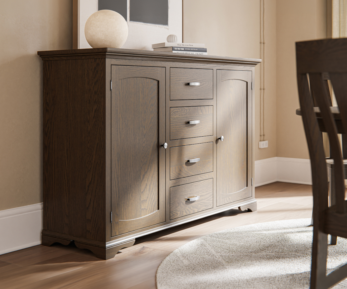 Solid wood dining room server cabinet with drawers and paneled doors