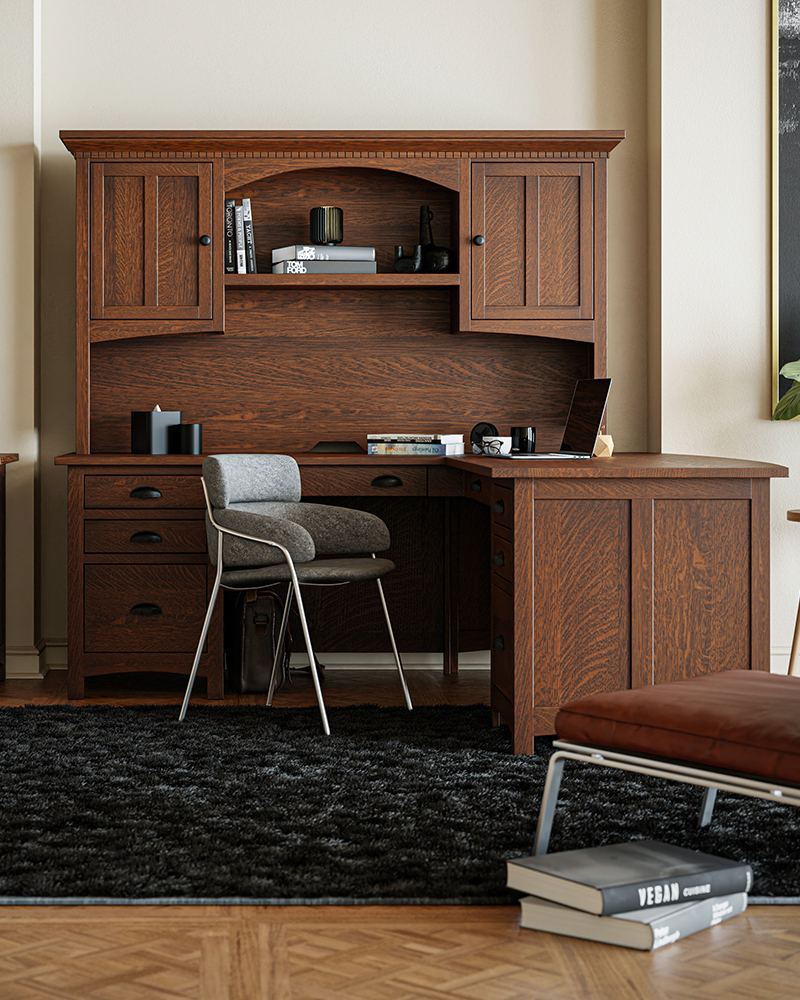 Solid wood home office furniture with desk hutch, drawers, and upholstered chair
