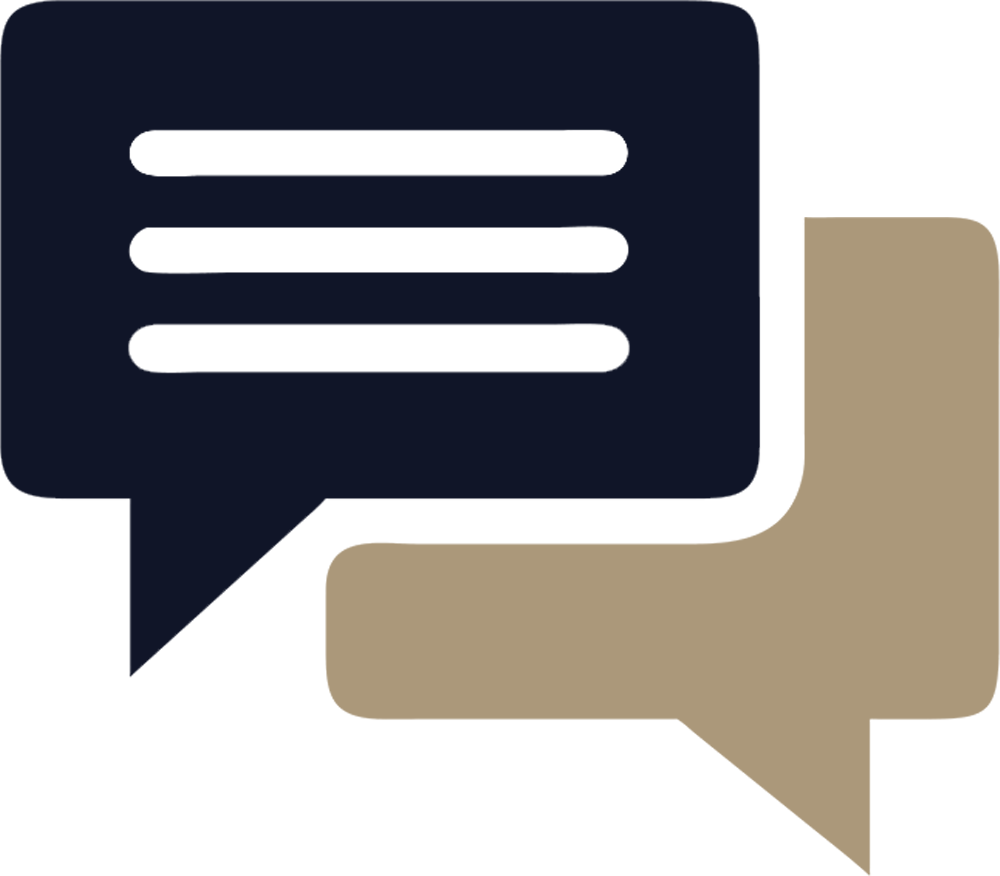 Furniture customer service chat icon with navy and taupe speech bubbles