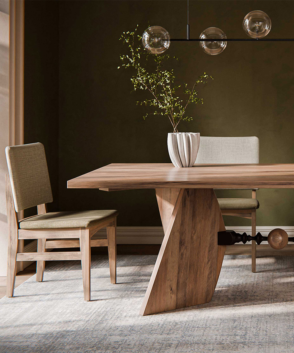 Solid wood modern dining table with upholstered chairs in warm dining room